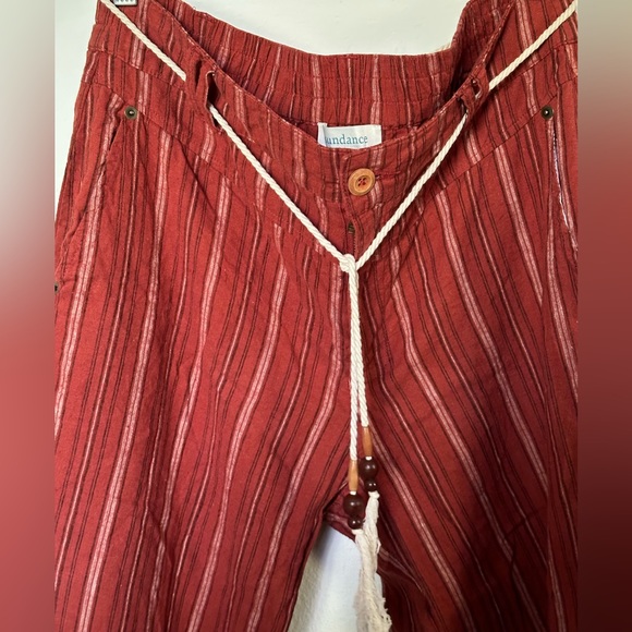Sundance Catalog Pants Linen Blend Rust Brown Stripe Wide Leg Tie Belt - Picture 4 of 7